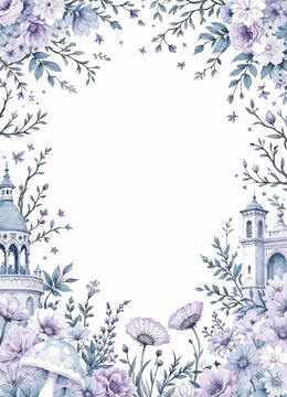 Beautiful floral frame with purple flowers, mushrooms, and architectural elements for creative designs