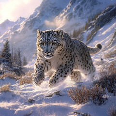 Fototapeta premium Snow leopard in snowy mountain landscape.