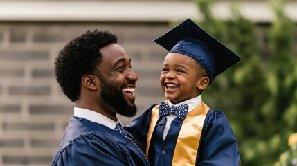 A joyful father and son celebrate graduation, both wearing caps and gowns, radiating happiness in a warm, familial moment.