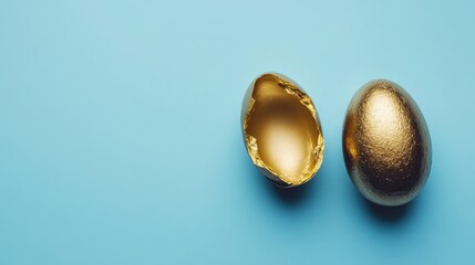 Fototapeta premium Golden eggshell and whole egg representing wealth and new beginnings on blue background