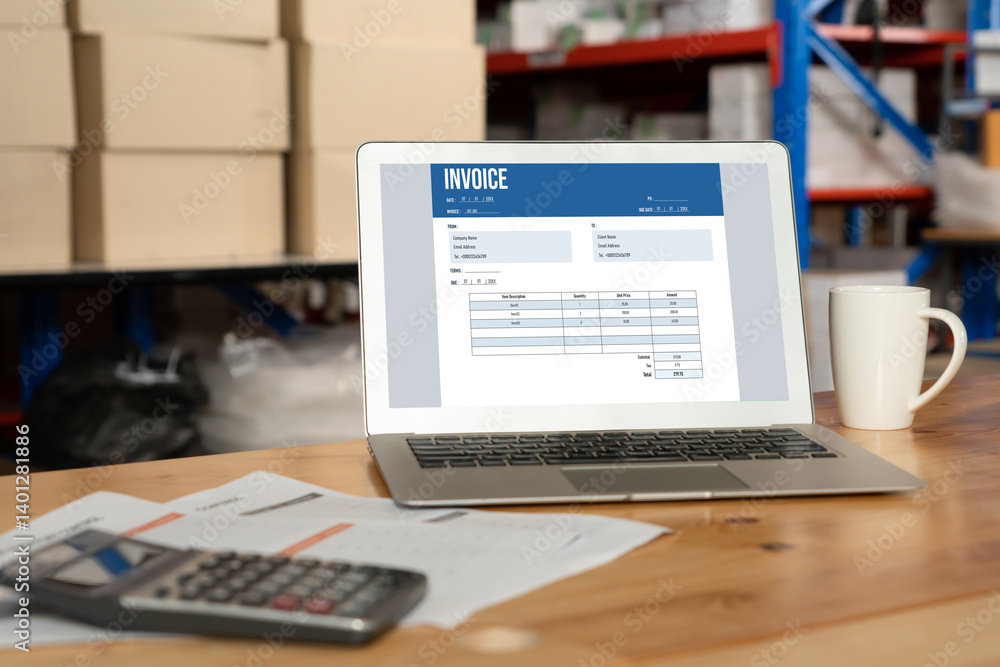 Poster invoice on computer screen from accounting application. computer program for financial and budget of