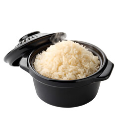 Cooked rice in a black pot isolated on a white background.