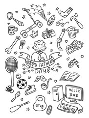 Hand drawn doodle set with various objects related to Fathers Day celebration and dads hobbies. Concept of appreciation, love, and fun lifestyle elements connected to fatherhood