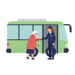 Obraz premium Senior woman interacting with bus driver in flat vector illustration style