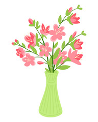 Pink sakura flowers arranged in a green vase with fresh green leaves. Concept of spring decoration, floral beauty and peaceful home atmosphere