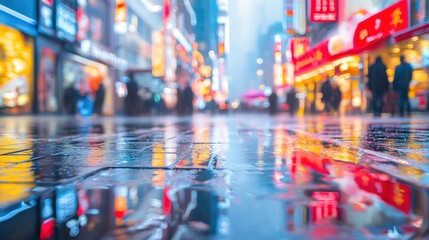Rainy Night in a Vibrant City: Reflections on Wet Pavement