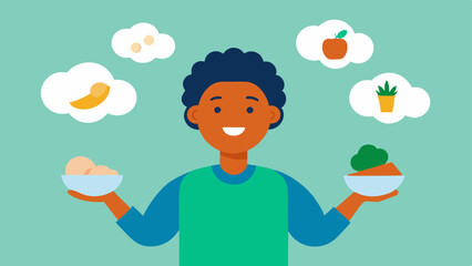 Happy User with Food A diverse individual smiling while holding a healthy meal with thought bubbles showing how their meal is tailored to their unique health goals.