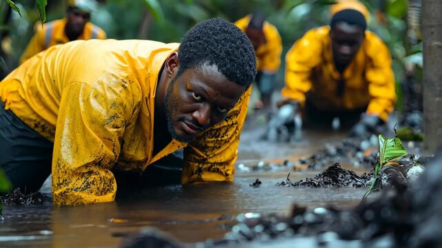 Focused man in a yellow jacket crawling through muddy water during a physically demanding outdoor endurance or survival challenge.
