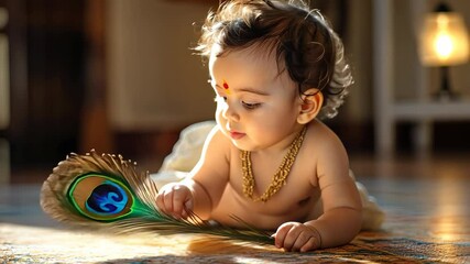 A baby wearing jewelry plays with a peacock feather during Gokulashtami, celebrating the divine birth of Lord Krishna.
