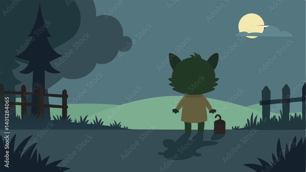 Poster mysterious forest a small child wearing rain boots stands at the edge of a grassy field in the eveni