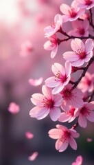 Dense shower of pink sakura petals against a soft focus background, nature, visual