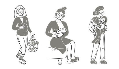 Three women illustrated in different stages of motherhood: pregnancy, breastfeeding and holding a child. Concept of maternal care, feminine strength and nurturing through life stages