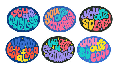 Brightly colored sticker set with uplifting hand lettered phrases in playful bubble typography. Concept of positive affirmation, encouragement and self love through fun retro design