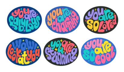 Selbstklebende Fototapeten Brightly colored sticker set with uplifting hand lettered phrases in playful bubble typography. Concept of positive affirmation, encouragement and self love through fun retro design © Olena