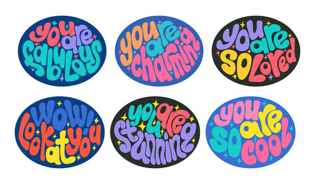 Brightly colored sticker set with uplifting hand lettered phrases in playful bubble typography. Concept of positive affirmation, encouragement and self love through fun retro design