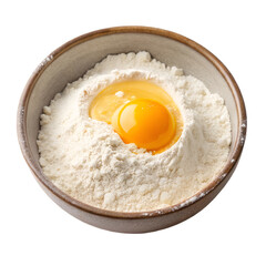 Bowl with flour and egg yolk isolated on white background.