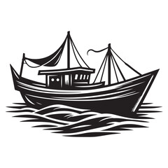 Silhouette Fishing Boat Illustration Vessel on The Water Waves
