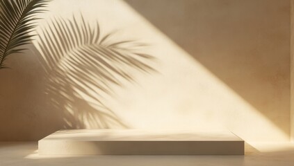 Beige product display podium with sunlit palm shadow