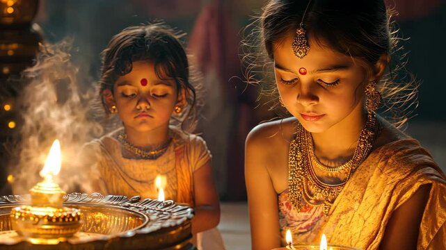 Two young girls light traditional oil lamps on Kartik Purnima, surrounded by warm glow and sacred atmosphere of the full moon night.
