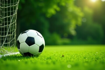 Fototapeta premium Goal scored, soccer ball in net against lush green background , soccer, detail