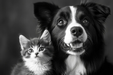 Obraz premium Dog and kitten sitting together, looking curious and friendly. Bright sunlight illuminates the cozy scene.