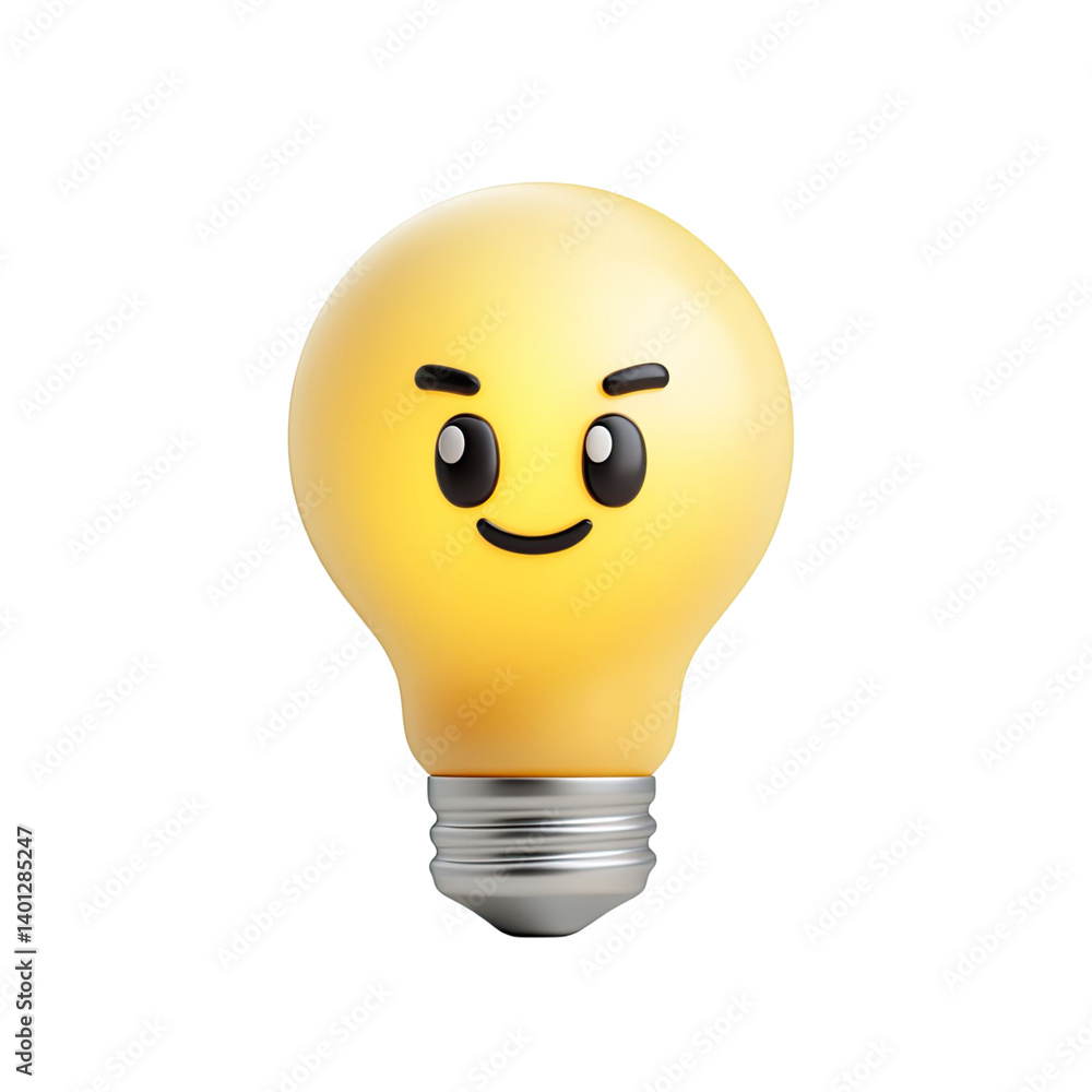 Poster 3d rendered illustration of a lightbulb with a cartoon face expressing a smiling emotion with a tran