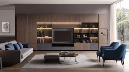 An interior design showcasing modern living room furniture arrangement