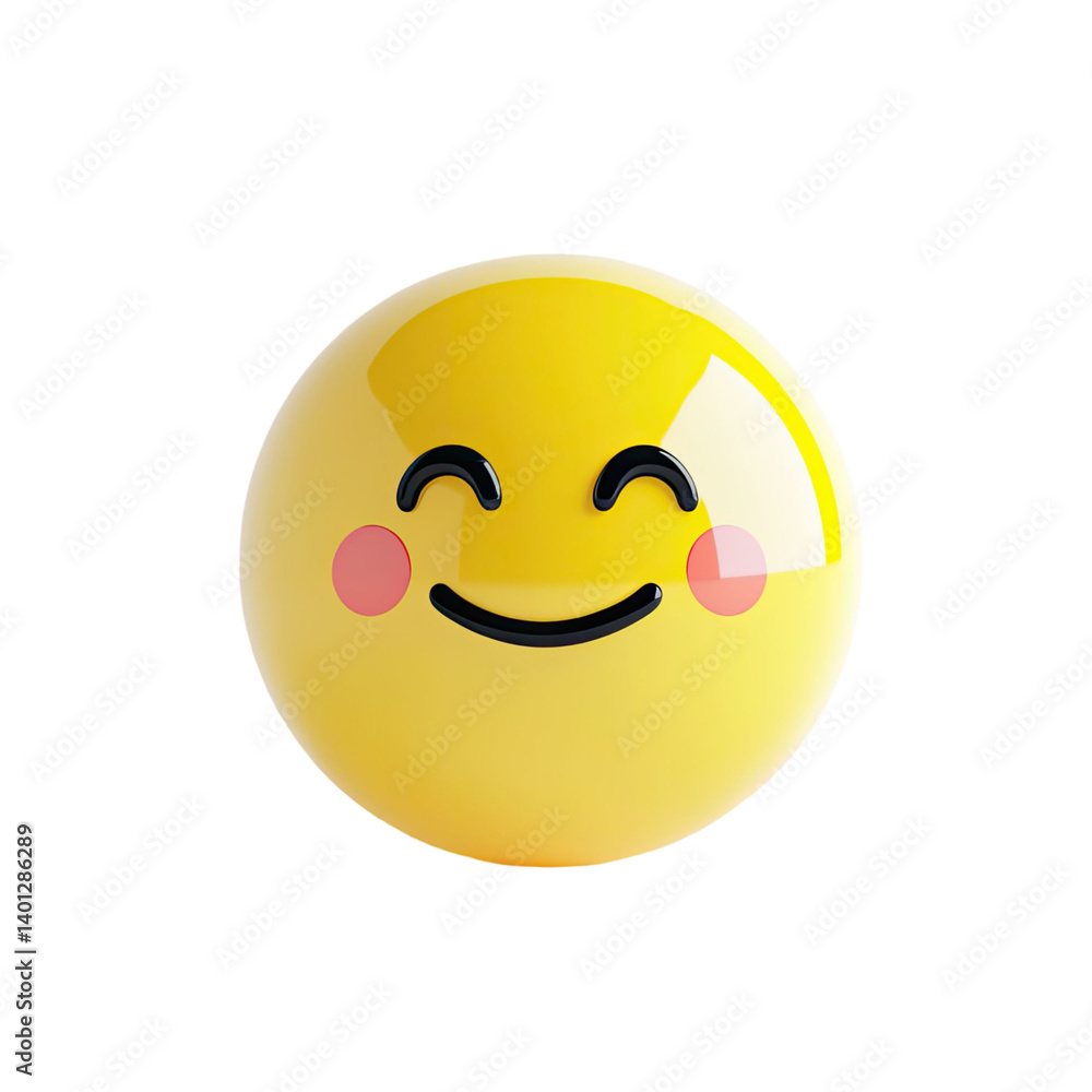 Poster smiling yellow emoji with rosy cheeks on a transparent background. cheerful expression and 3d render
