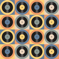 Seamless pattern print wallpaper with vinyl record discs music illustration vector retro style 60s, 70s, 80s, design art background for paper, textile, pack etc.	
