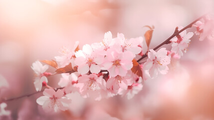 Soft focus image shows a branch covered in light pink cherry blossoms against a blurred background