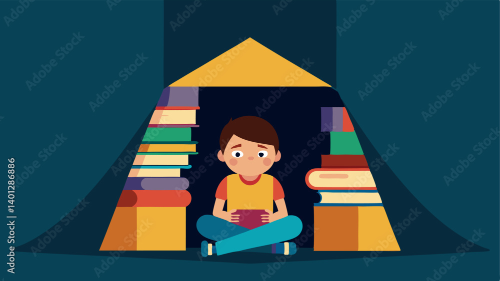 Poster imaginative play a child is inside a fort made entirely of books peeking out from between two tall s