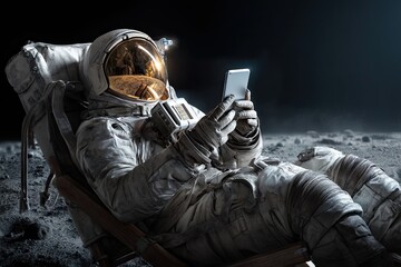 An astronaut sitting on the moon and sends messages to friends and family via smartphone.