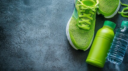 A pair of green shoes and a water bottle are on a grey surface