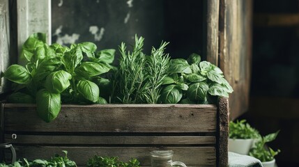 A collection of fresh herbs, including basil, rosemary, and mint, neatly arranged in a rustic wooden crate, inviting the scents of the garden into the room.