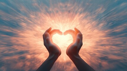 A pair of hands forms a heart shape, surrounded by a radiant burst of light, symbolizing love, hope, and connection.