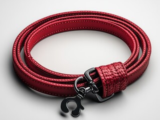 Red Leather Pet Leash: Elegant Rolled Design with Chrome Hardware, Premium Quality and Style for Dog Walking and Training, Isolated on White Background.
