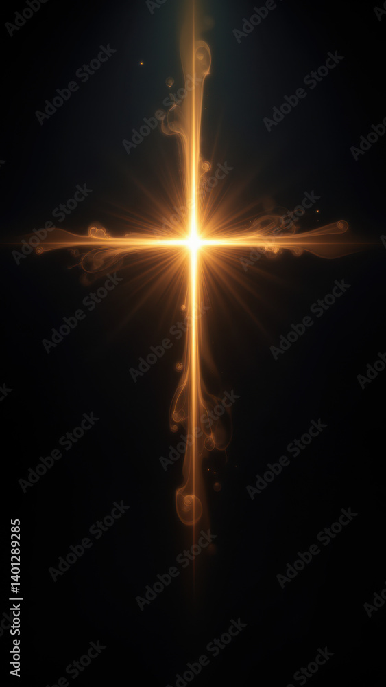 Poster an artistic representation of a cross with rays of light emanating from its center, set against a da