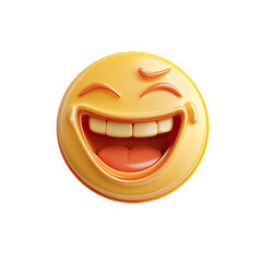 Fototapeta premium Smiling yellow emoji with open mouth showing teeth and tongue with transparent background