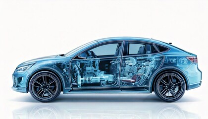 X-Ray style transparent render of a modern hybrid car, side view