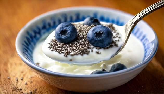 Healthy gut foods flat lay for World Digestive Health Day.Close-up of spoon with yogurt, chia seeds and berries for digestive wellness - Powered by Adobe