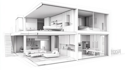 Modern House Architectural Cutaway Rendering in Gray and White Tones