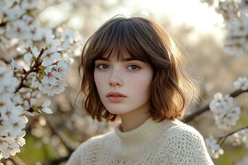 Fototapeta premium Attractive caucasian young woman surrounded by cherry blossoms. Commercial ad visual idea. Spring mood, golden hour in sunset. Beautiful woman in flower-filled park.