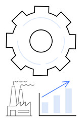 Gear representing precision, factory emitting smoke, and bar graph with arrow signifying industrial growth. Ideal for progress, industry, efficiency, productivity, manufacturing, economy growth