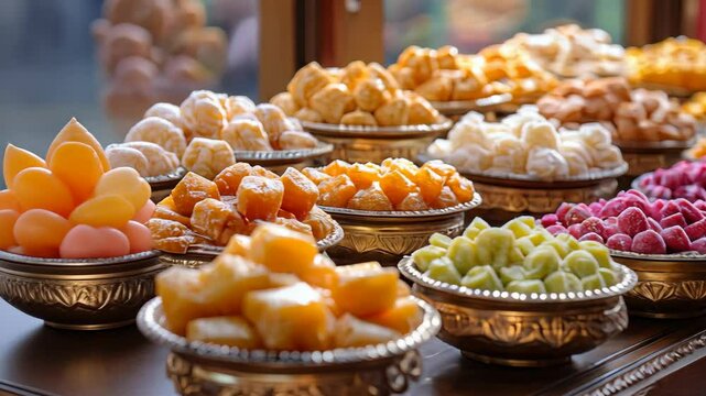 A wide variety of traditional Indian sweets beautifully arranged in golden trays, perfect for festive celebrations and temple offerings.
