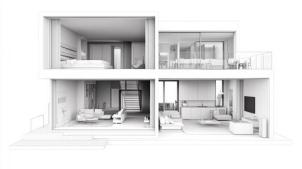 Modern House Architectural Grayscale Rendering, Two Story Interior Design Cutaway View