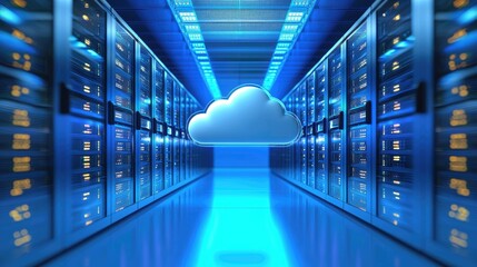 3D cloud symbol floating in a brightly lit server room, representing modern cloud computing. Ideal for IT infrastructure, data services, and secure cloud-based platforms