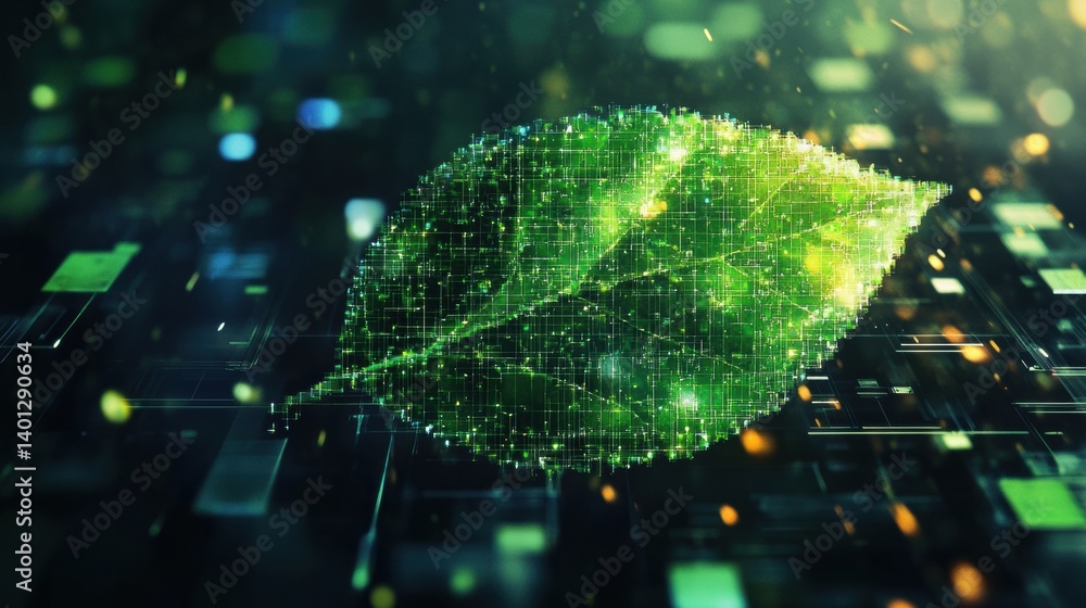 Poster green leaf transforming into digital pixels represents the fusion of nature and technology in a mode