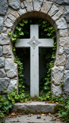 Cross on stone wall with ivy and moss.