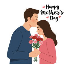 Couple exchanging flowers in flat design celebrating Mothers Day vector art
