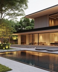 Fototapeta premium Modern House with Reflecting Pool at Dusk